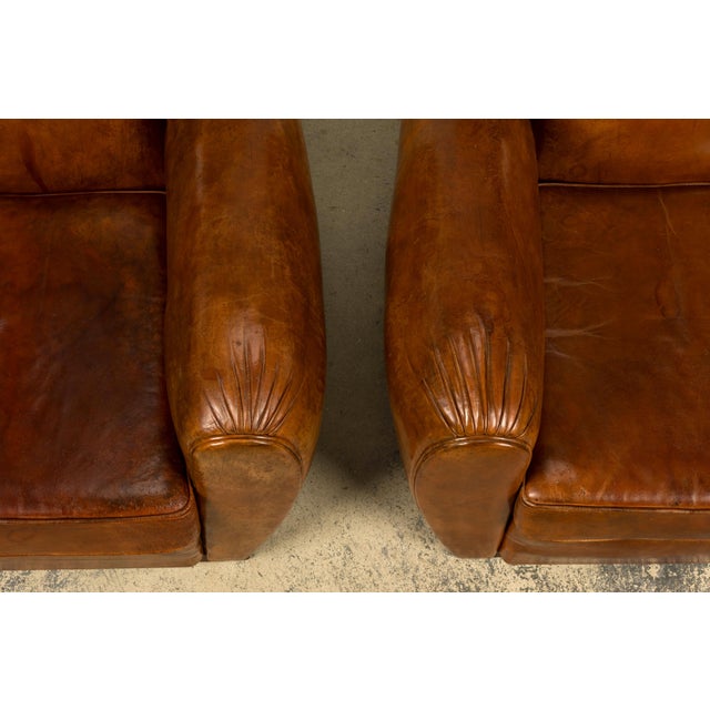 1930s 1930s French Art Deco Scalloped Back Cognac Leather Club Chairs, Pair For Sale - Image 5 of 18