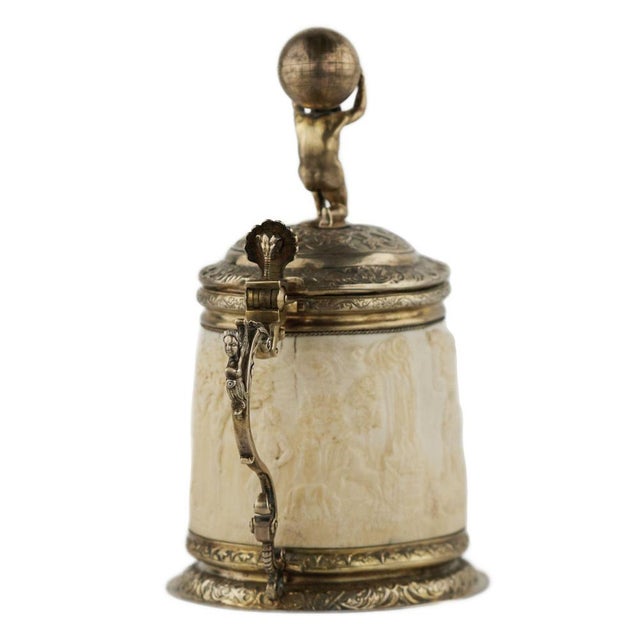 Silver Beer Tankard with Atlas and Carved Ivory Religious Scenes from Lübeck For Sale - Image 11 of 15