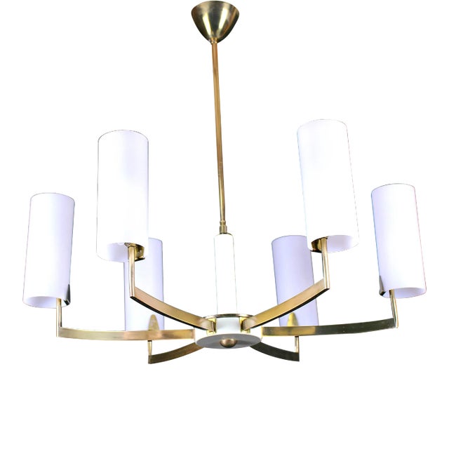 Stilnovo Chandelier, Mid-Century Brass & White , Six Opalines, Italy For Sale