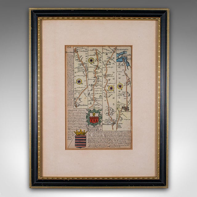 This is an antique coaching road map of Cranborne to Dorchester. An English, framed lithograph engraving of regional...