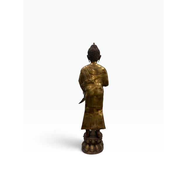 Mid-Century Modern Vintage 4-Foot Hand-Cast Brass Standing Buddha Statue on Lotus Pedestal - 70 LBS For Sale - Image 3 of 9