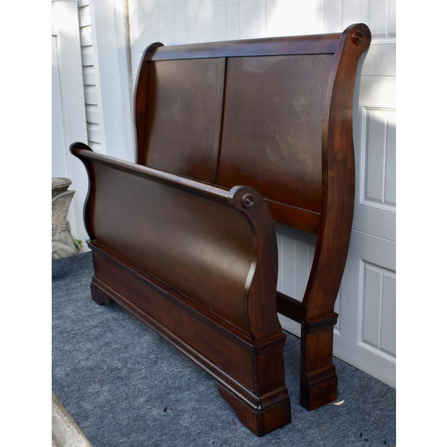 Brown Cherry Wood Sleigh Bed Louis Philippe Style Frame Full Size For Sale - Image 8 of 16
