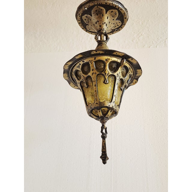 Antique 1920's Lincoln Lighting Pendant Light With Amber Art Glass For Sale - Image 4 of 11