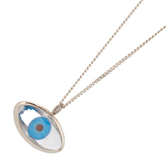 Early 21st Century Protective Blue Evil Eye Glass Pendant Sterling Silver Necklace For Sale - Image 5 of 8