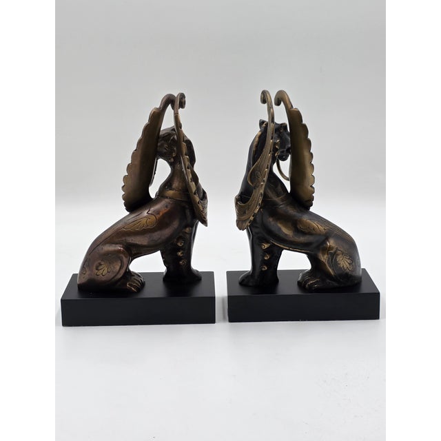 Late 19th Century Rare Pair of Antique Early 20th C Bronze Winged Griffin Bookends on Pedestal. For Sale - Image 5 of 16