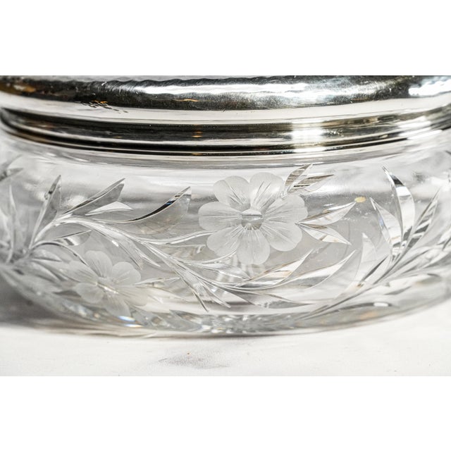 1910s Stunning Large Antique Crystal Powder Jar Sterling Silver Lid Floral Cut Glass Edwardian Vanity Box For Sale - Image 5 of 16