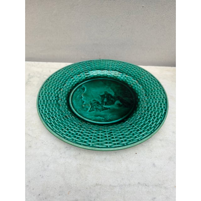 French Majolica Green Plate signed Rubelles.