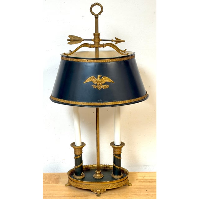French Empire-Style Bouillotte Lamp with Napoleonic Eagle Motif, circa 1925, Patinated and gilt ormolu with tole shade;...