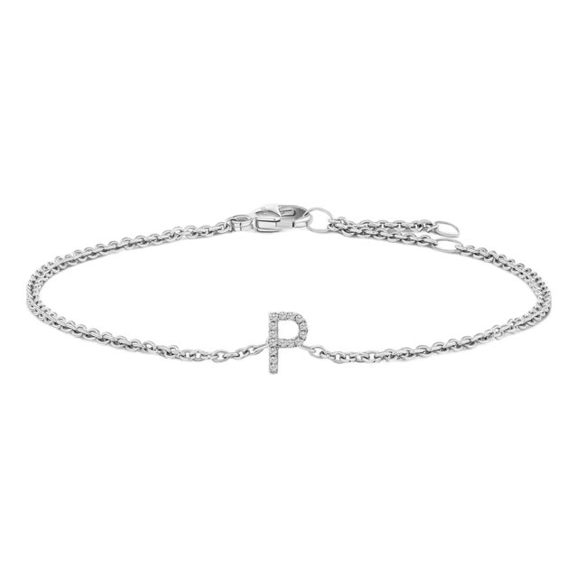 10K White Gold Diamond Accent "P" Initial Charm and Link Bracelet For Sale