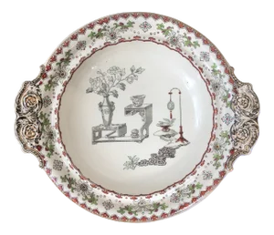 1879 Antique Copeland Chinoiserie "Precious Treasures" Footed Serving Bowl With Handles