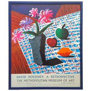 David Hockney Rare Vintage 1988 Lithograph Print Framed Metropolitan Museum Exhibition Poster " Still Life With Flowers " 1987 For Sale