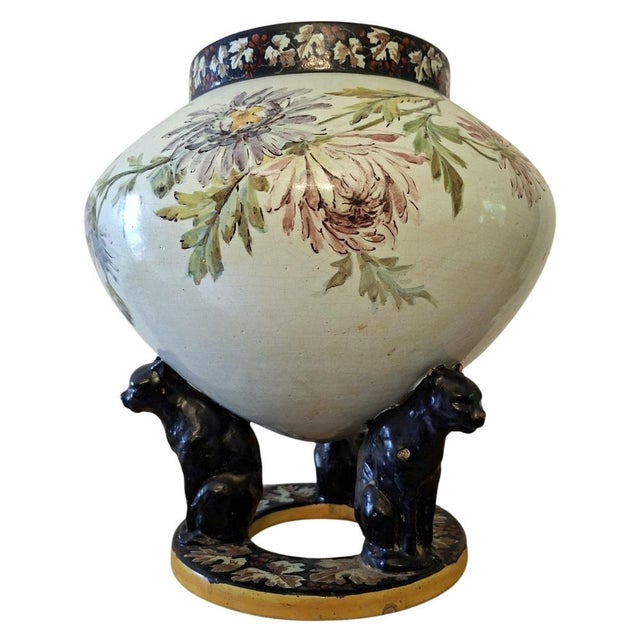 Ceramic Large 20th Century Polychrome Earthenware Cachepot with Floral Decoration Resting on Three Panthers, 1920s For Sale - Image 7 of 7