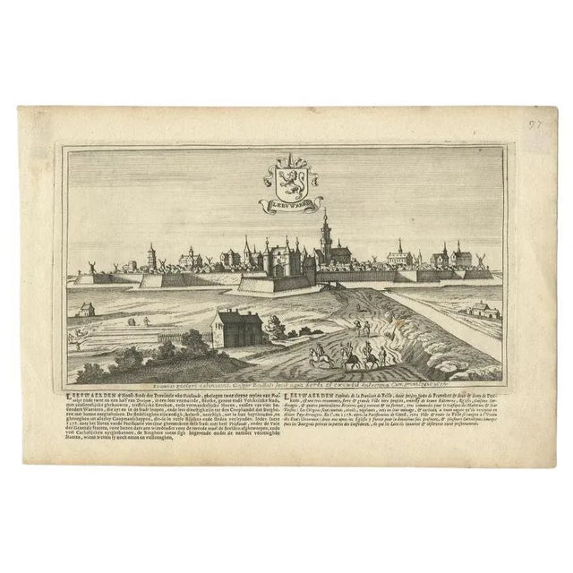 Antique print titled 'Leeuwaerd'. Old bird's eye view of the city of Leeuwarden, Friesland. This print originates from...