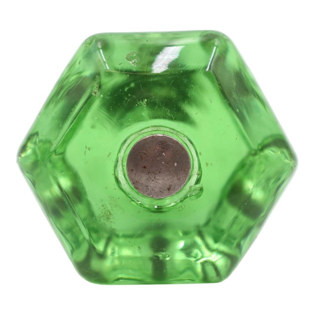 Vintage 1.375 In. Hexagon Green Glass Cabinet Knob For Sale