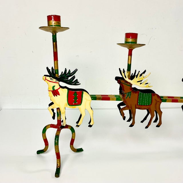 1970s 1970s Vintage Hollywood Regency Boho Chic Italian Santa & Reindeer Sleigh Tole Candle Holder, Monumental Christmas For Sale - Image 5 of 7