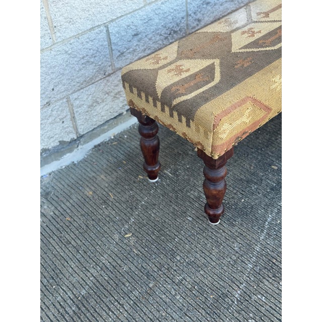 Mid 20th Century Upholstered Bench With Kilim Style Fabric and Turned Wood Legs For Sale In Philadelphia - Image 6 of 12