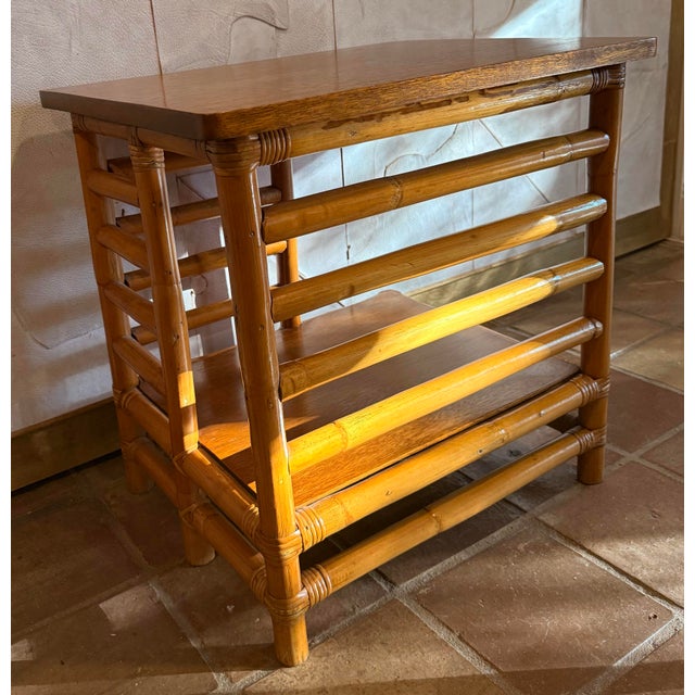 Wood Vintage Mid-Century Modern 1940’s Rattan, Bamboo ‘Jacob’s Ladder’ Original Condition Drink Table, Beside Table, Side Table, Palm Beach Style For Sale - Image 7 of 12