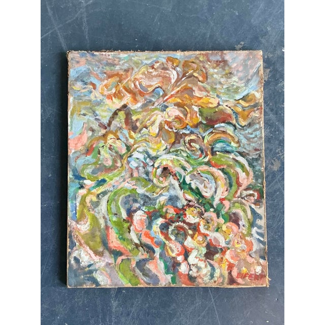 This compelling original abstract oil painting is a vibrant celebration of mid-century expressionism. Rendered with...