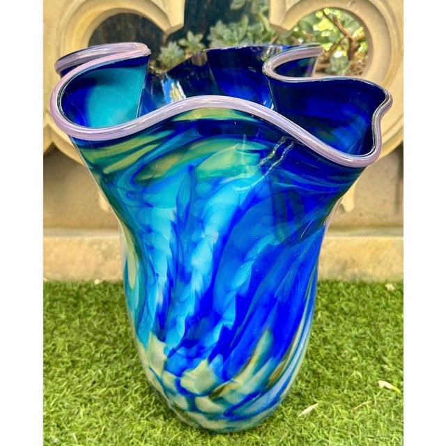 Large Blue Swirl Ruffled Handkerchief Art Glass Vase | Studio Glass Fazzoletto 15"h Artist Signed For Sale - Image 15 of 18