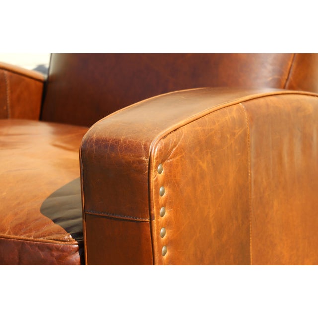 Vintage Pair Art Deco Revival Distressed Brown Leather Club Chairs & Ottomans, 1980s For Sale - Image 9 of 18