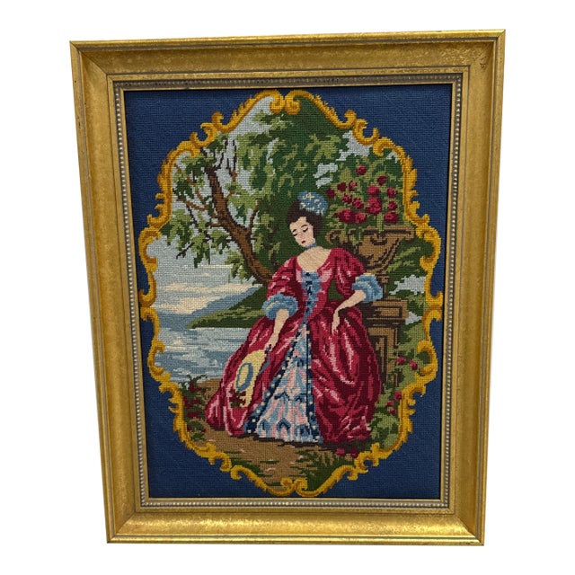 Vintage Needle Point Painting “lady in Red” Framed For Sale