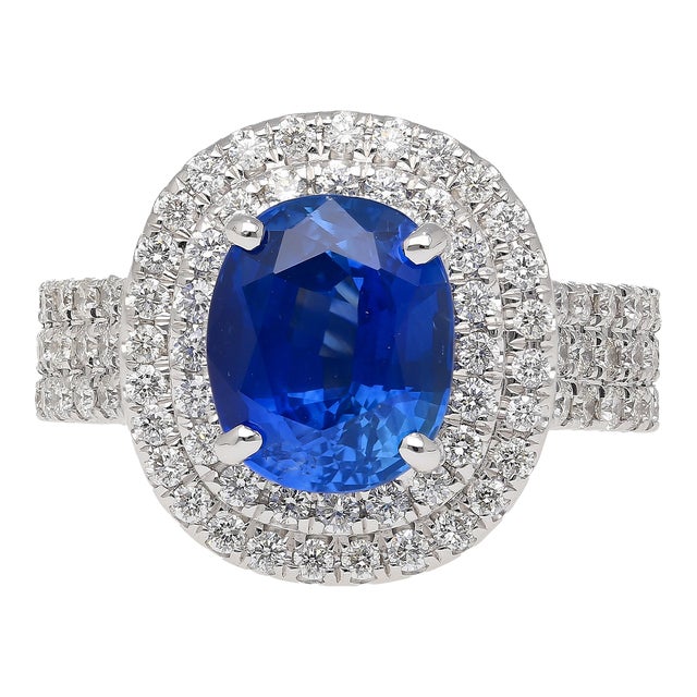4.73 Carat Grs Certified Oval Blue Sapphire & Double Diamond Halo Ring Size 9 For Sale