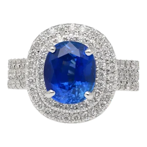 4.73 Carat Grs Certified Oval Blue Sapphire & Double Diamond Halo Ring Size 9