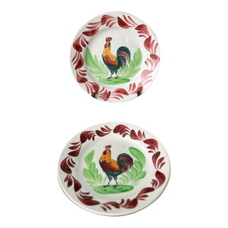 1930s French Hand-Painted Terre De Fer Rooster Plates-a Pair For Sale