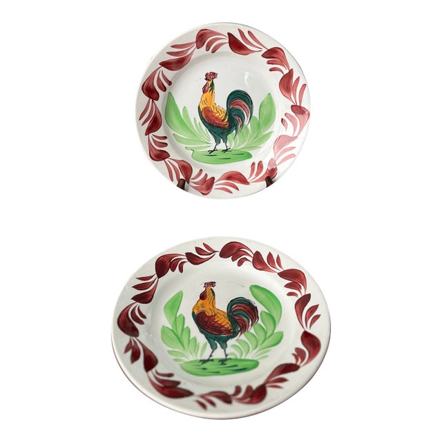 1930s French Hand-Painted Terre De Fer Rooster Plates-a Pair For Sale
