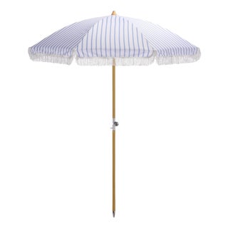 Bella 6.5 Ft Beach Fringed Umbrella, Baby Blue Bistro Stripe For Sale