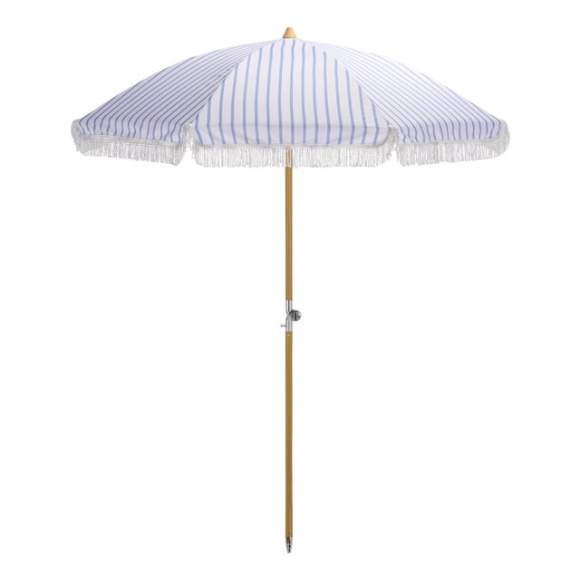 Bella 6.5 Ft Beach Fringed Umbrella, Baby Blue Bistro Stripe For Sale