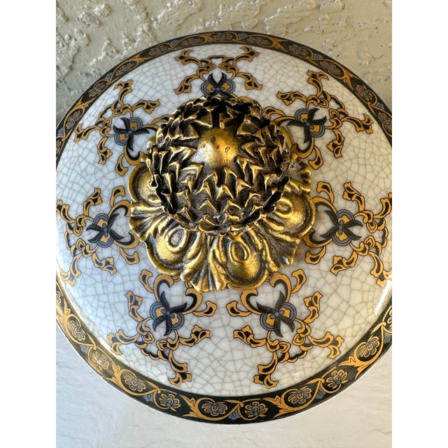 Vintage Early-Mid 20th Century Hand Painted White, Blue & Gold Porcelain and Brass Urn With Lid For Sale - Image 9 of 12