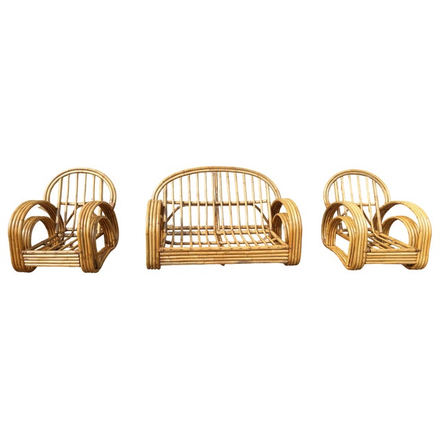 1950s Restored 4-Strand Double Arch Speed Arms Rattan Sofa & Chairs Livingroom Set of 5 For Sale - Image 13 of 14