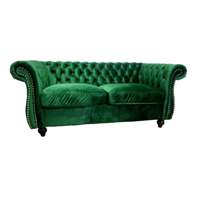 Vintage Style Emerald Green Velvet Couch Chesterfield Green