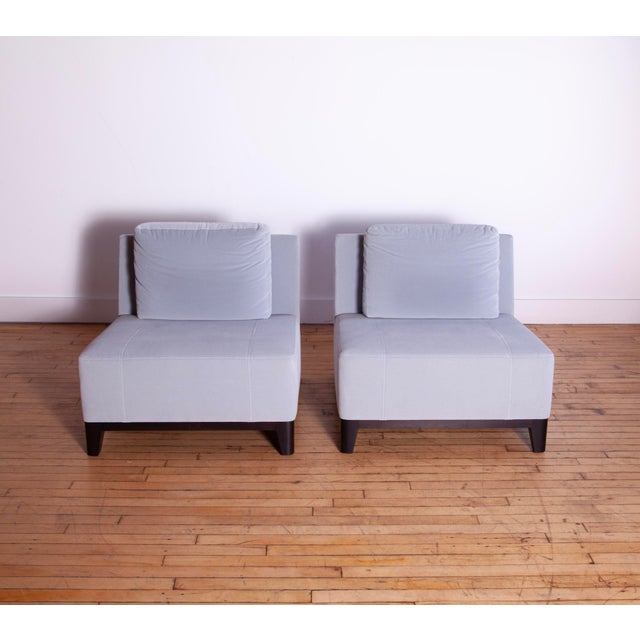 Sensational pair of Holly Hunt slipper chairs in luxurious mohair velvet. Beautiful sky blue color. Expert stitching. Each...