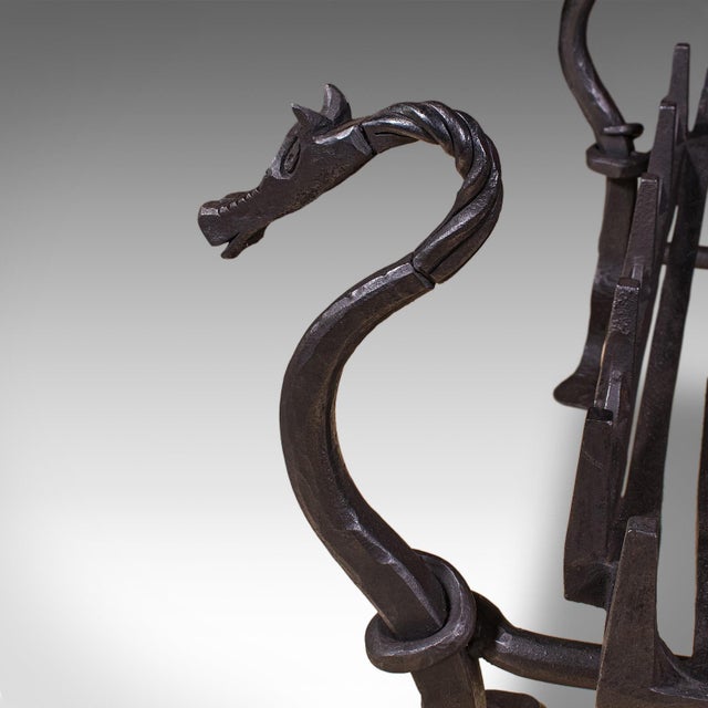 Antique Dragon Motif Fireplace Set, English, Fire Basket, Andirons, Edwardian For Sale - Image 9 of 12
