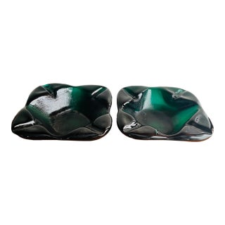 Vintage Blenko Glass Ashtray Set Chunky Green, Pair For Sale