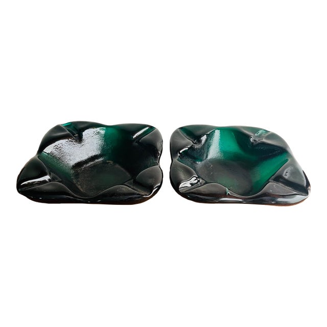 Vintage Blenko Glass Ashtray Set Chunky Green, Pair For Sale
