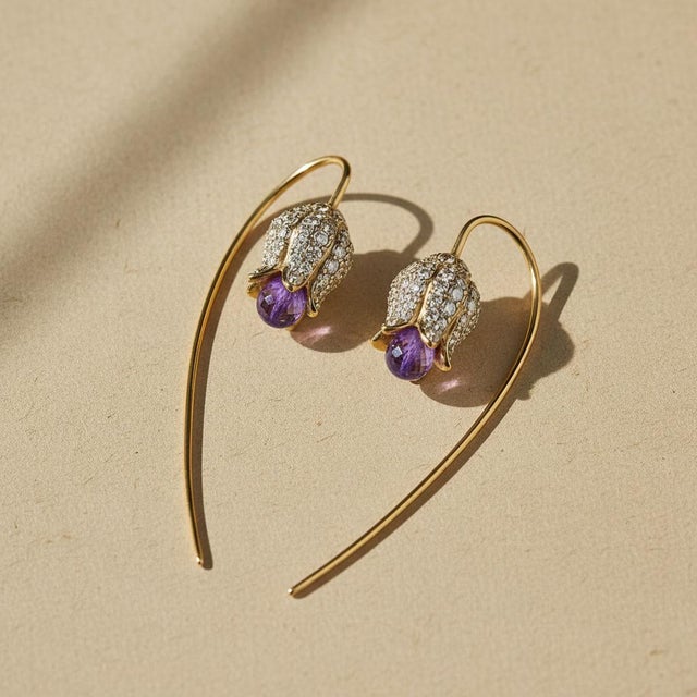 Modern Silver, Gold Lily Flower Earrings With Amethyst Briolettes, Pair For Sale - Image 3 of 9