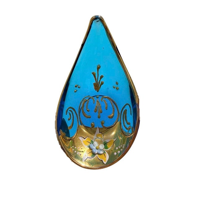 Murano Mid-Century Venetian Art Glass Teardrop Blue Tre Fuochi Handpainted Dish Italy For Sale - Image 4 of 8