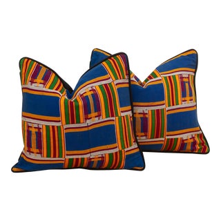 Set of Two, Blue Stripes Vintage African Kente Pillow Covers For Sale