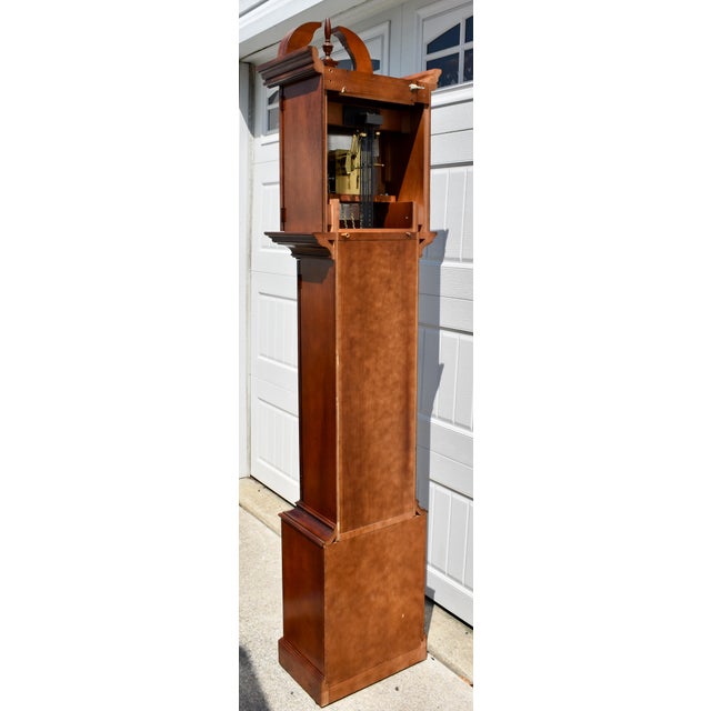Howard Miller Cherry Grandfather Clock Mechanical Triple Weight Pendulum For Sale - Image 17 of 18