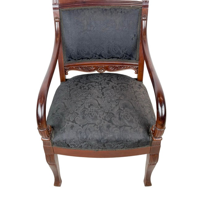 Antique Empire Style Mahogany Armchair With Black Damask Upholstery For Sale - Image 4 of 18