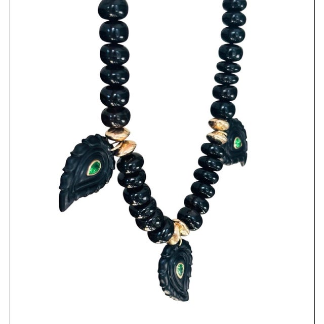 Onyx Black Onyx and Tsavorite Paisley Necklace, 14k Gold For Sale - Image 8 of 8