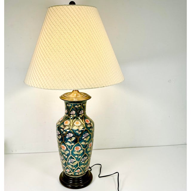 Mid 20th Century Chinoiserie Boho Chic Hollywood Regency Ceramic Flora Botanical Table Lamp, Textile Shade For Sale - Image 15 of 18