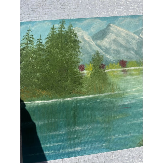 1990s Riverside and Mountains Landscape Painting With Colorful Bushes on Canvas For Sale - Image 4 of 8