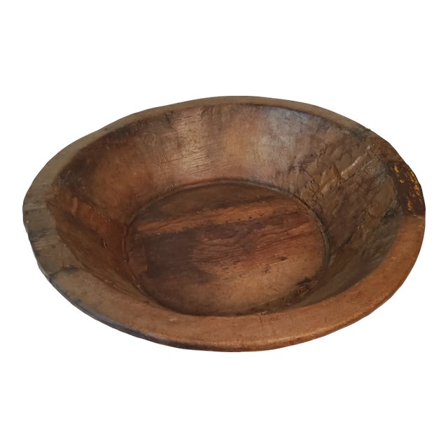 Large Antique Folk Art Hand Carved Knotty Wood Bowl With Metal Patches For Sale