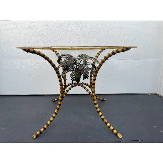 1970s Italian Tole Palm Frond and Faux Bamboo Round Dining Table Base Attributed to Hans Kogl For Sale - Image 4 of 4