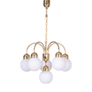 Mid-Century Chandelier in Brass and Opaline Glass, Czech, 1950s For Sale