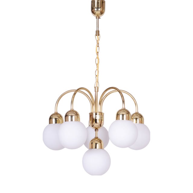 Mid-Century Chandelier in Brass and Opaline Glass, Czech, 1950s For Sale
